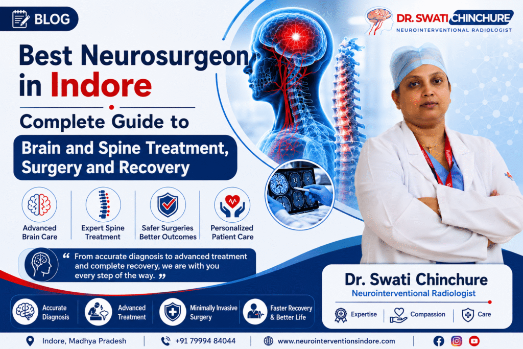 Best Neurosurgeon in Indore banner featuring brain and spine treatment, advanced neurological care, minimally invasive surgery, personalized patient care, and Dr. Swati Chinchure.