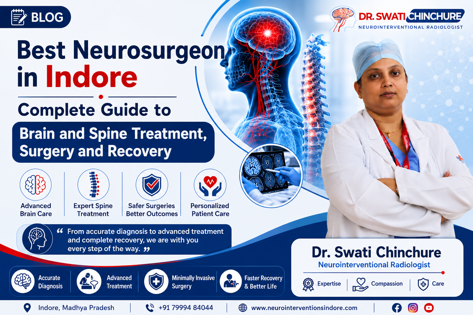 Best Neurosurgeon in Indore banner featuring brain and spine treatment, advanced neurological care, minimally invasive surgery, personalized patient care, and Dr. Swati Chinchure.